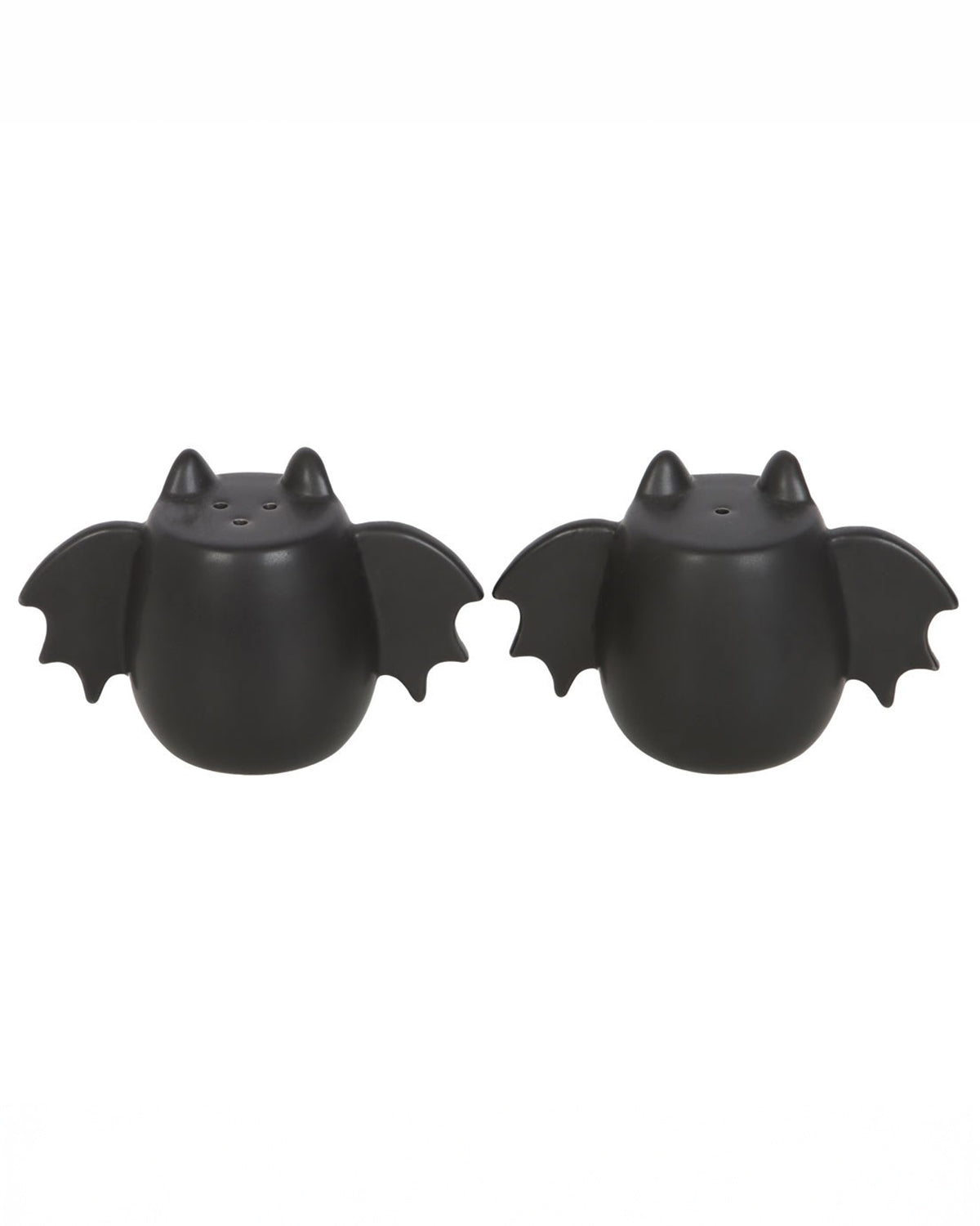 A close-up of the bat wing salt and pepper shakers, showcasing their matte black ceramic finish and unique winged design. A stylish and spooky addition to any kitchen.