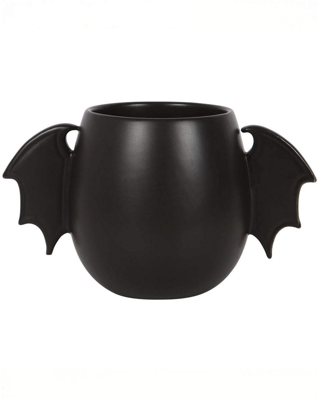 Back view of the Bat Wing Mug showing both bat wing handles clearly, highlighting the symmetrical design and quirky Halloween-ready style.