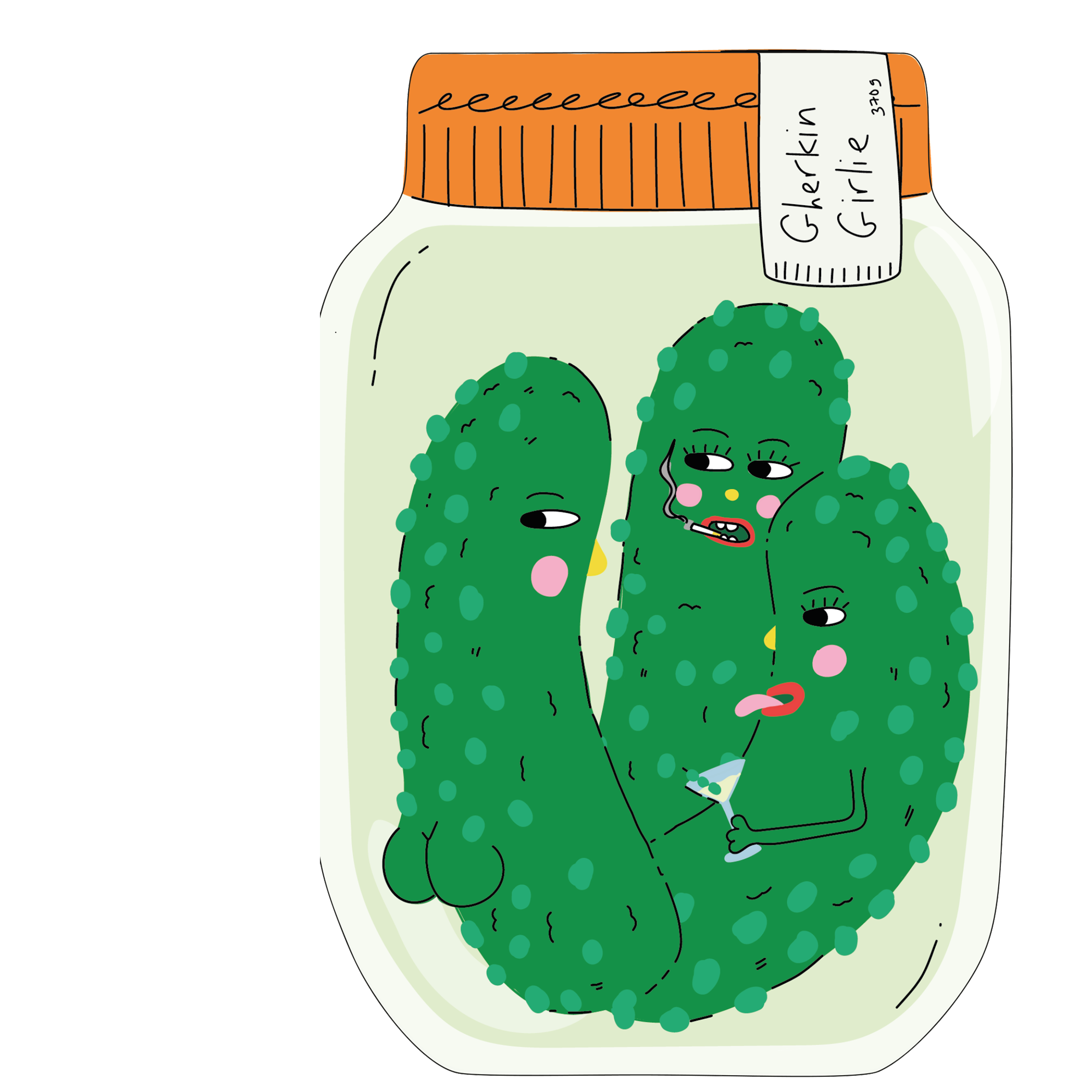 Illustration of pickles in a jar with a humorous expression on a white background