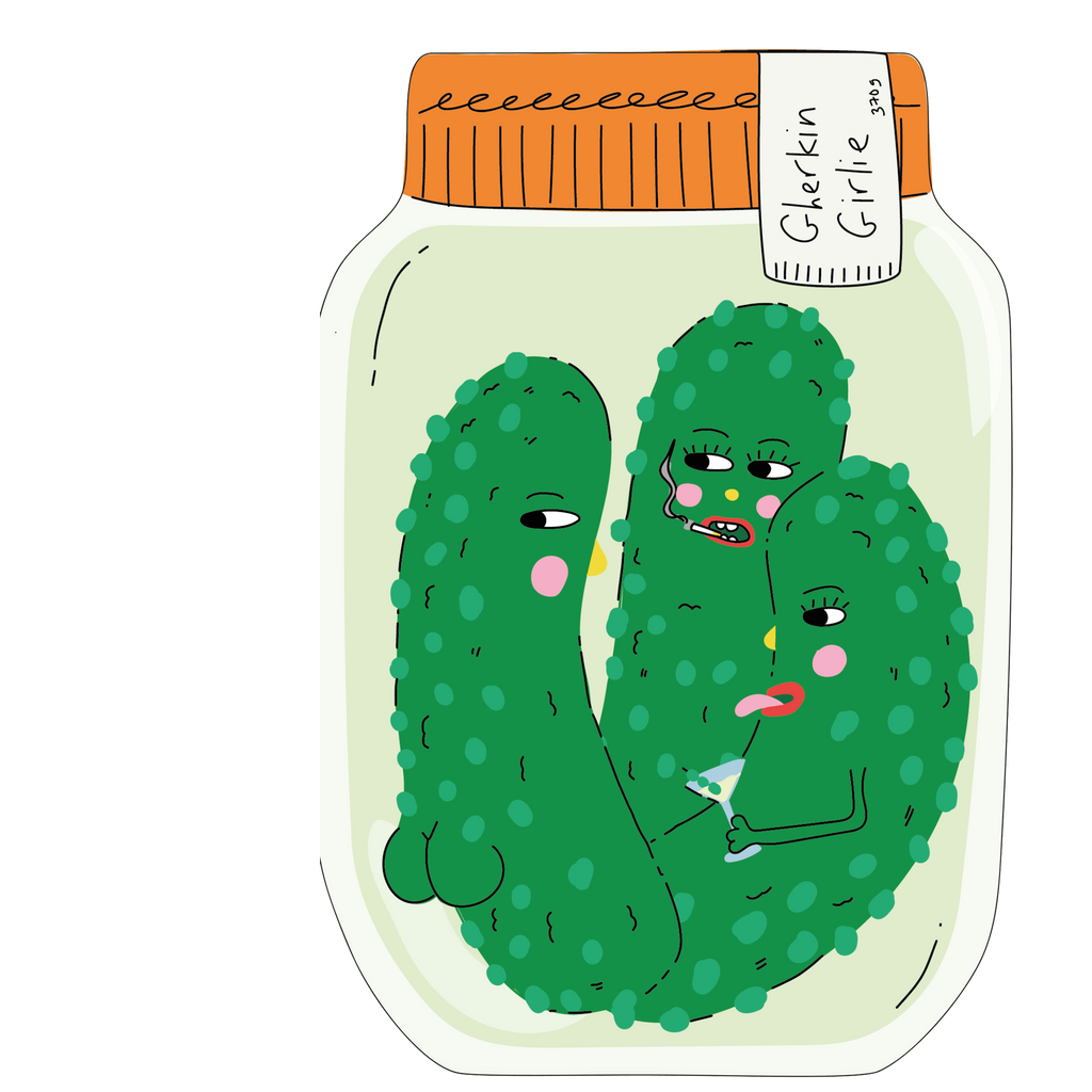 Illustration of pickles in a jar with a humorous expression on a white background