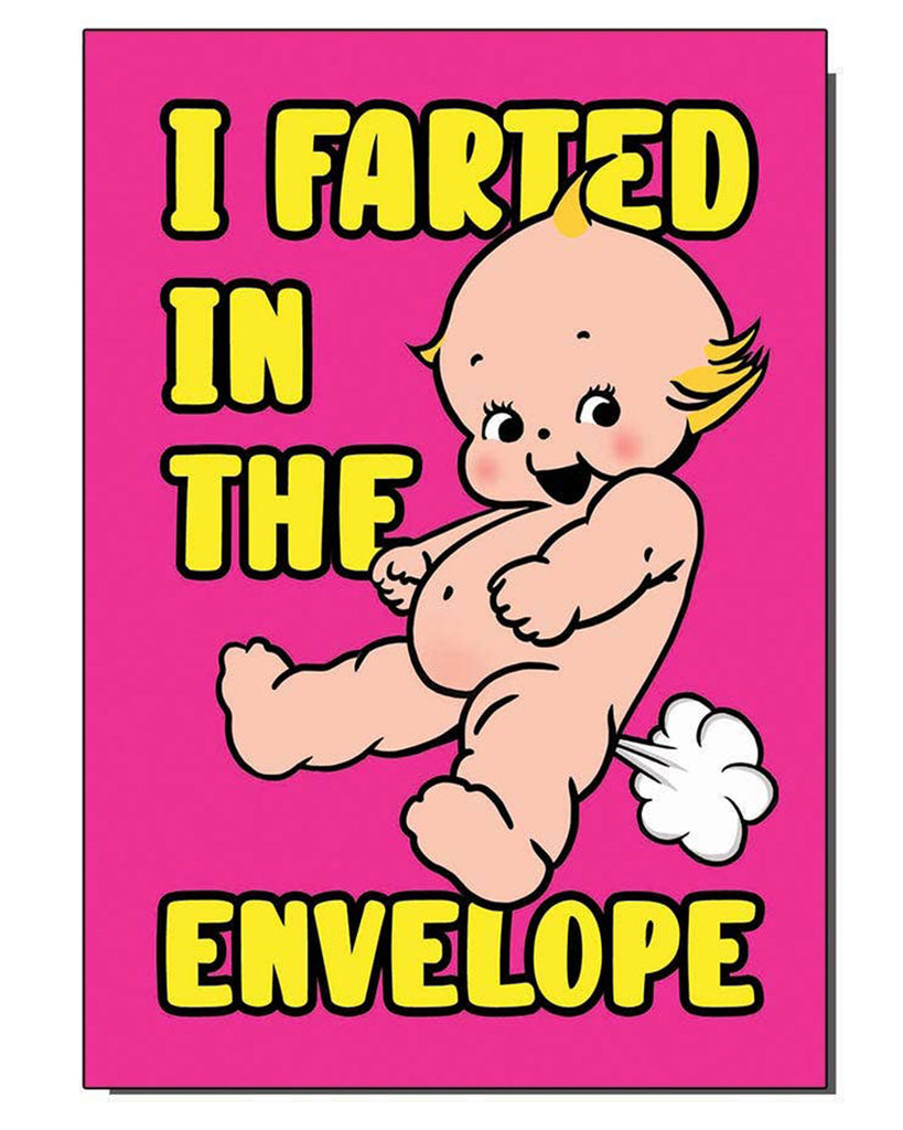 Funny pink greetings card by Rebel Romance featuring a cheeky Kewpie-style baby illustration with a cartoon fart puff behind them. Bold yellow and black text reads “I Farted In The Envelope.” Designed by Bite Your Granny. A playful, retro-style alternative card perfect for millennials with a dark sense of humour.