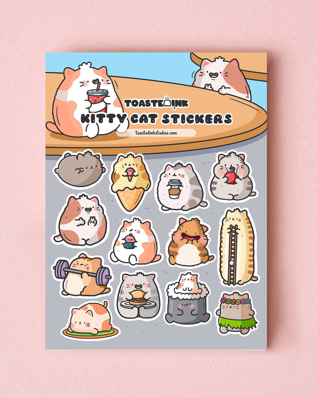 Kitty Cat Sticker Sheet designed by Toastedink and stocked by Rebel Romance. Features 15 kawaii cats in playful poses, including a hula cat, sushi cat, weightlifting cat and more, on a grey background with a large cartoon cat drinking from a red cup.
