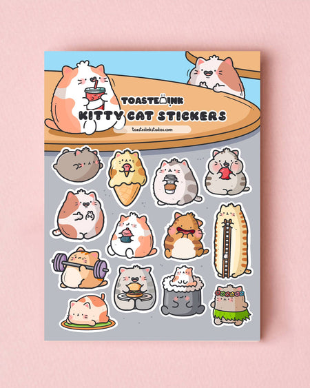 Kitty Cat Sticker Sheet designed by Toastedink and stocked by Rebel Romance. Features 15 kawaii cats in playful poses, including a hula cat, sushi cat, weightlifting cat and more, on a grey background with a large cartoon cat drinking from a red cup.