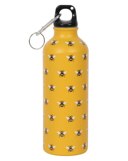 The Rebel Romance Bee Metal Water Bottle with its black screw-top lid and silver clip attached. The bright yellow bottle features a playful bee print, adding a touch of retro charm. With a 500ml capacity, it's lightweight, portable, and ideal for cold drinks, making it a must-have for eco-conscious adventurers and busy bees.