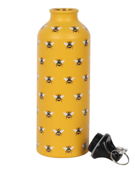 Close-up of the Rebel Romance Bee Metal Water Bottle, featuring a vibrant yellow background adorned with an all-over bee print. The screw-top lid is removed, showing the bottle's aluminium interior. This reusable water bottle has a 500ml capacity, perfect for staying hydrated on the go while embracing eco-friendly, alternative style.