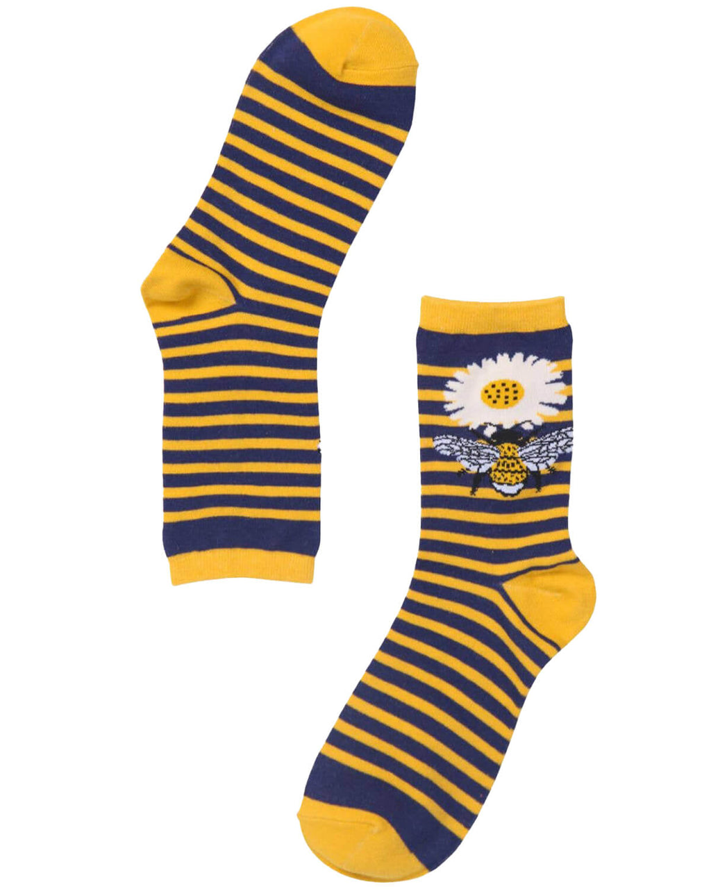 (Flat Lay of Socks): A pair of bamboo bumble bee socks laid flat, featuring bold yellow and navy stripes, a large daisy and bee design, and a contrasting yellow toe and heel.