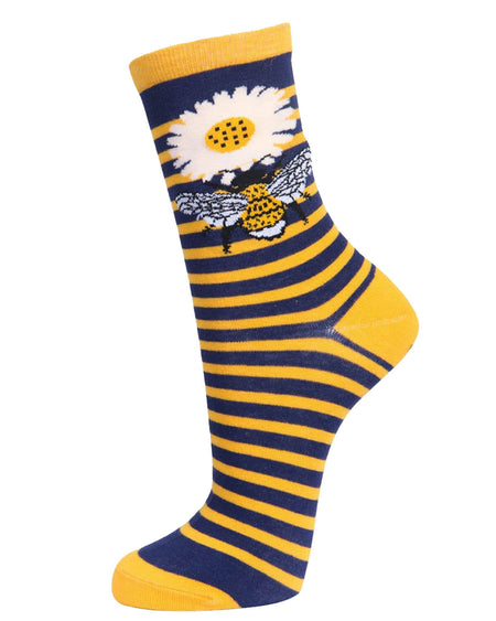  (Socks Standing Up): A single bee-themed sock displayed upright, highlighting the detailed bumble bee and daisy design, with bright yellow and navy striped fabric.
