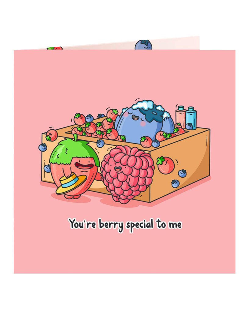 Front of the "You're berry special to me" greeting card by Toastedink, stocked at Rebel Romance. Shows cute cartoon strawberry, raspberry and blueberry in a fruit pun design perfect for alternative gift-givers.