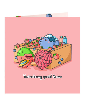 Front of the "You're berry special to me" greeting card by Toastedink, stocked at Rebel Romance. Shows cute cartoon strawberry, raspberry and blueberry in a fruit pun design perfect for alternative gift-givers.