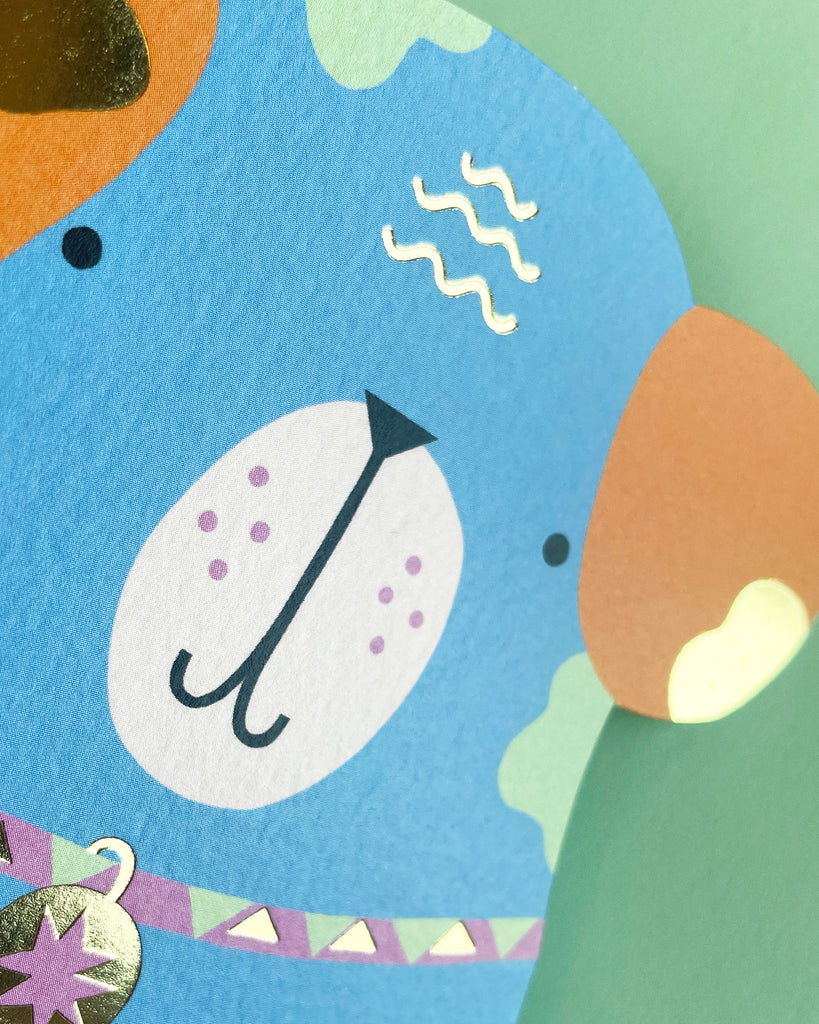  Raspberry Blossom Happy Birthday Dog card from the Brightside collection, featuring a blue die cut dog with orange ears, bold yellow lettering, and hot gold foil accents, paired with a mint green envelope.