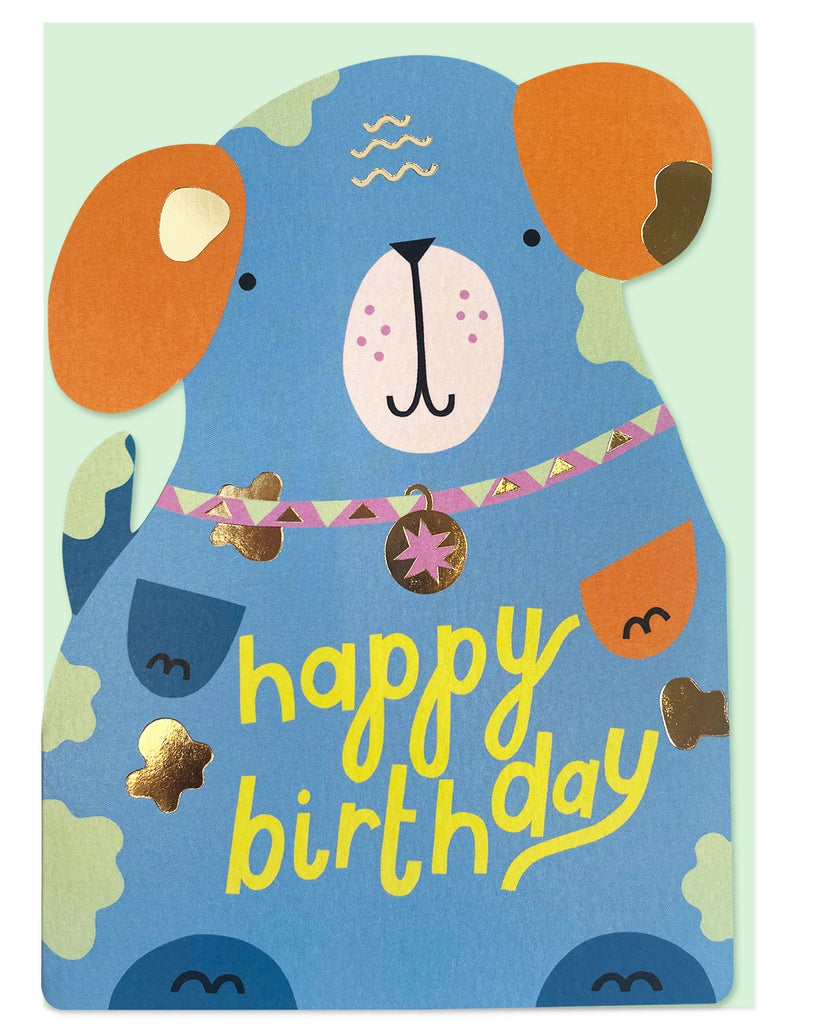  Raspberry Blossom Happy Birthday Dog card from the Brightside collection, featuring a blue die cut dog with orange ears, bold yellow lettering, and hot gold foil accents, paired with a mint green envelope.