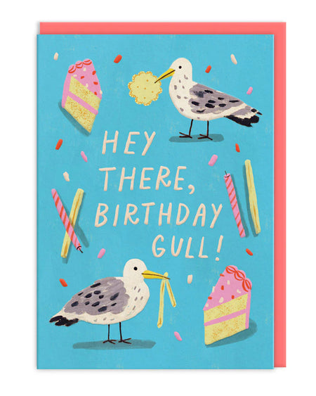 Bright and funny birthday card by Rebel Romance featuring two illustrated seagulls stealing cake and chips, with the phrase “Hey there, birthday gull!” in playful lettering. The card has a cheerful blue background with embossed details, colourful sprinkles, and comes with a coral envelope. Designed by Emily Doliner, perfect for millennials who love quirky, alternative style and seaside humour.