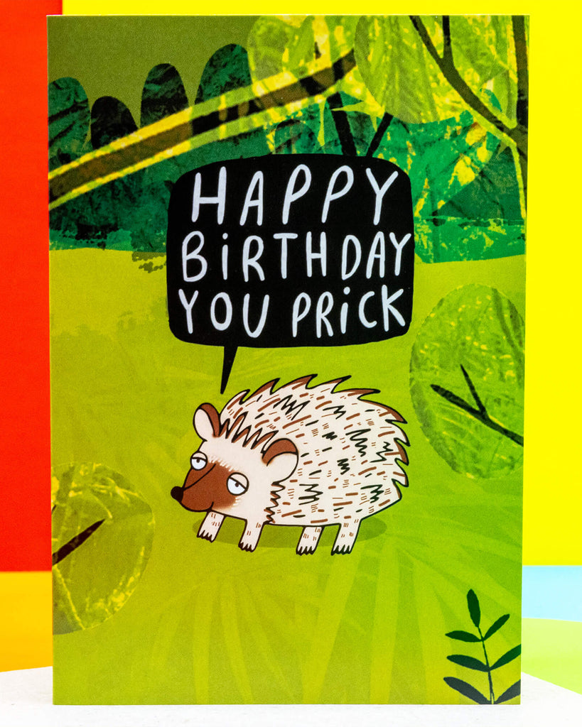 Funny A6 birthday card by Rebel Romance featuring an illustrated grumpy hedgehog with the text “Happy Birthday You Prick” in a speech bubble. Designed by Katie Abey, this cheeky card is set against a vibrant green background with leafy textures. Perfect for millennials who love quirky humour, alternative aesthetics, and celebrating birthdays with a bold twist.
