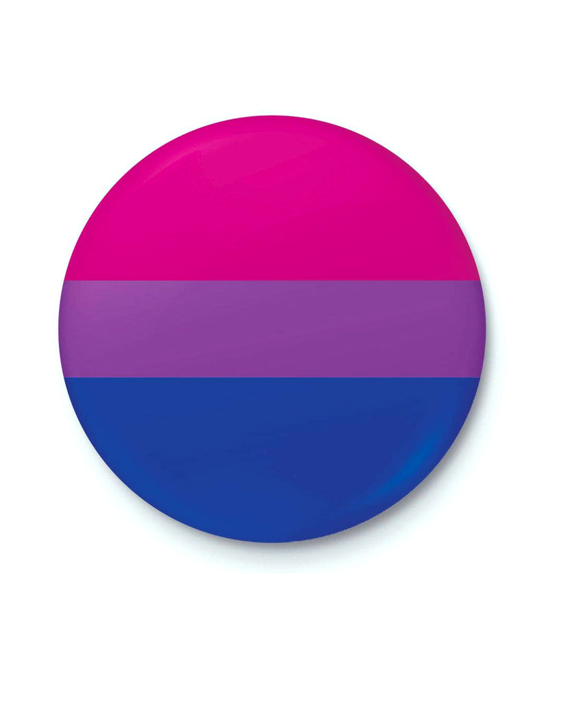Close-up of the Rebel Romance Bisexual Pride Badge featuring the iconic pink, purple, and blue striped flag design. A bold and colourful pin badge to celebrate bisexual identity and visibility. From a UK-based small business championing queer pride, alternative fashion, and expressive millennial style.