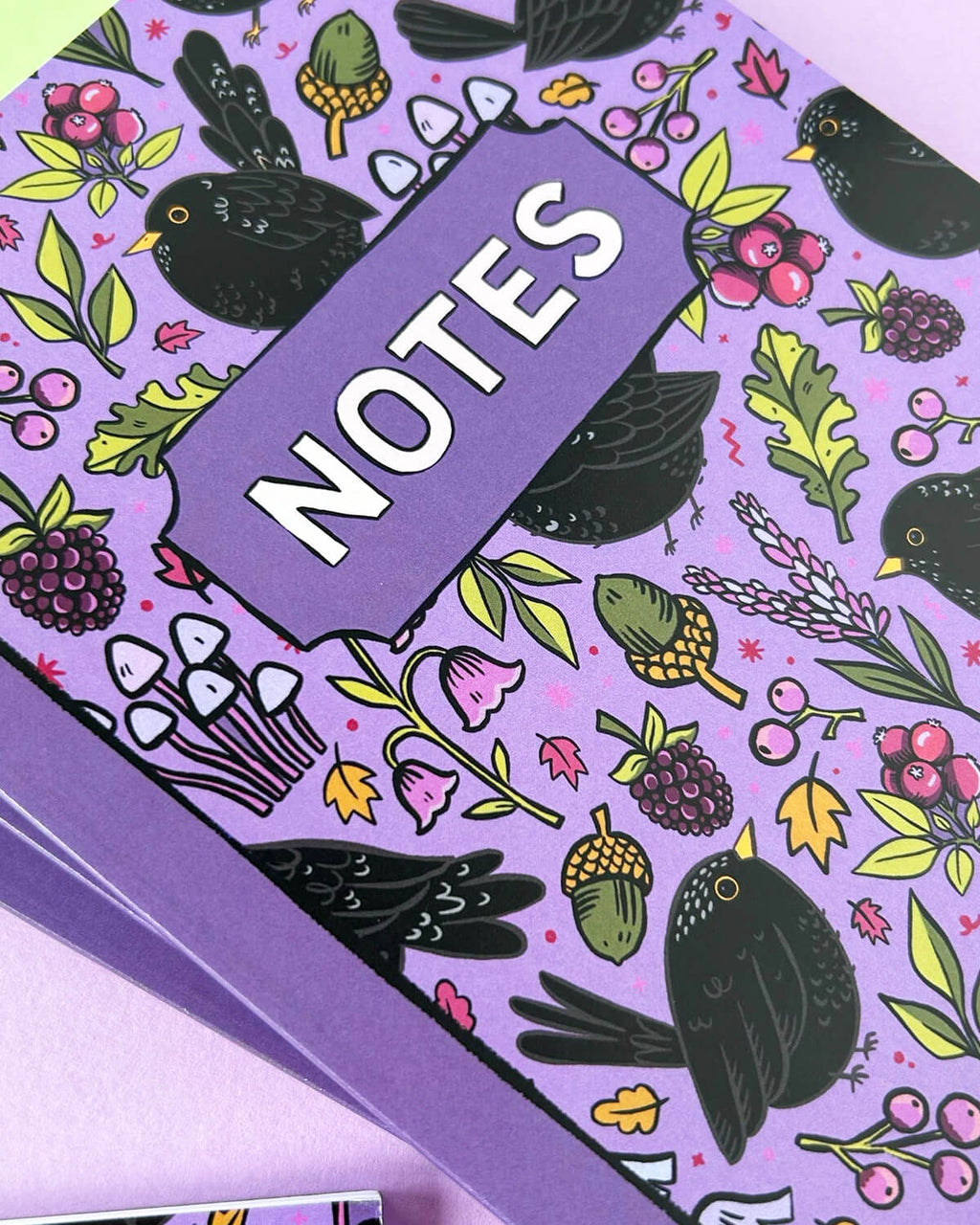 A detailed close-up of the illustrated cover, showcasing blackbirds, acorns, brambles, and mushrooms on a purple background.