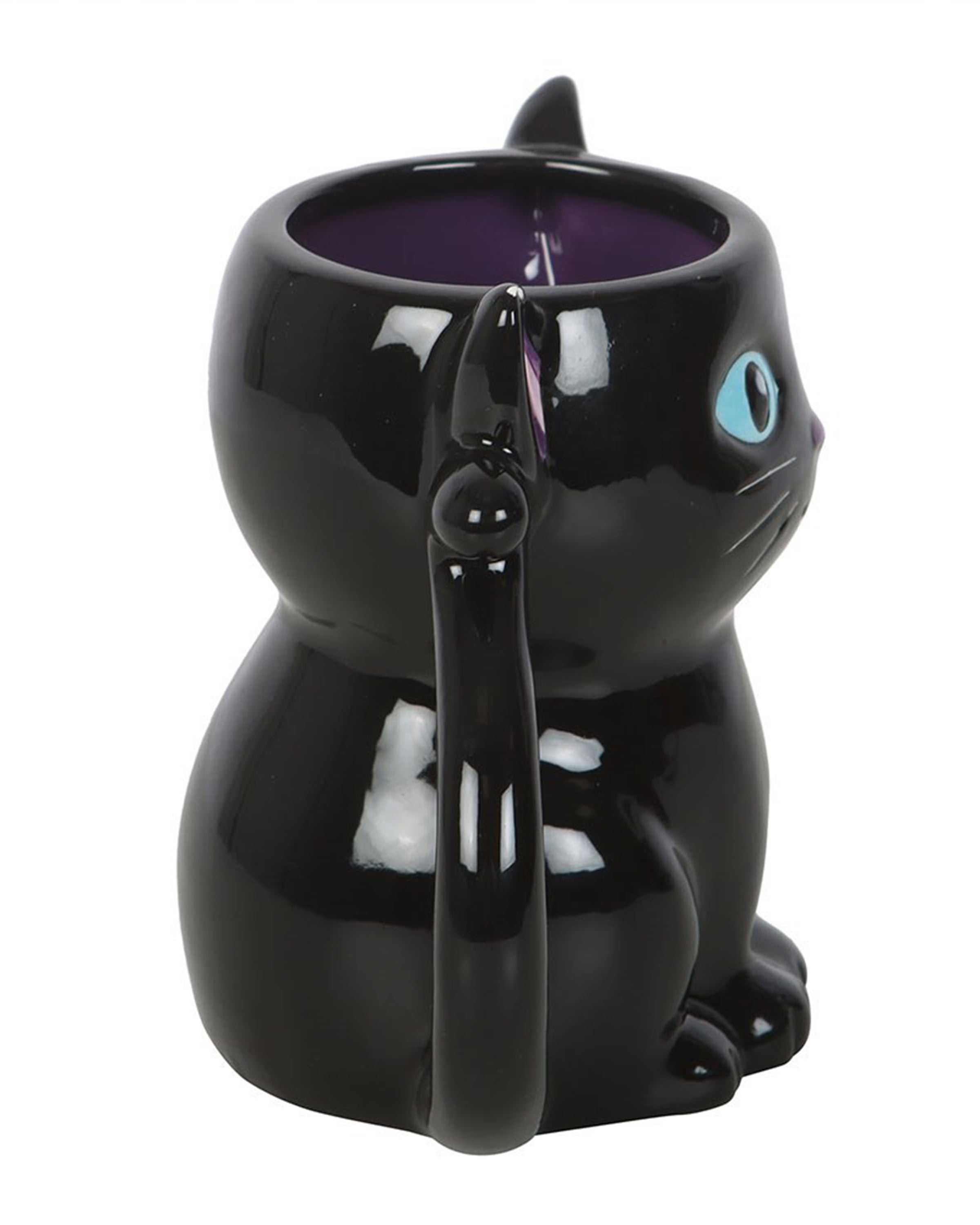 Side view of the Rebel Romance Cute and Creepy Black Cat Mug. The ceramic mug features a curled tail handle, purple inner glaze, and 3D black cat shape with detailed eyes, whiskers, and paws—perfect for witchy, alternative homeware lovers.