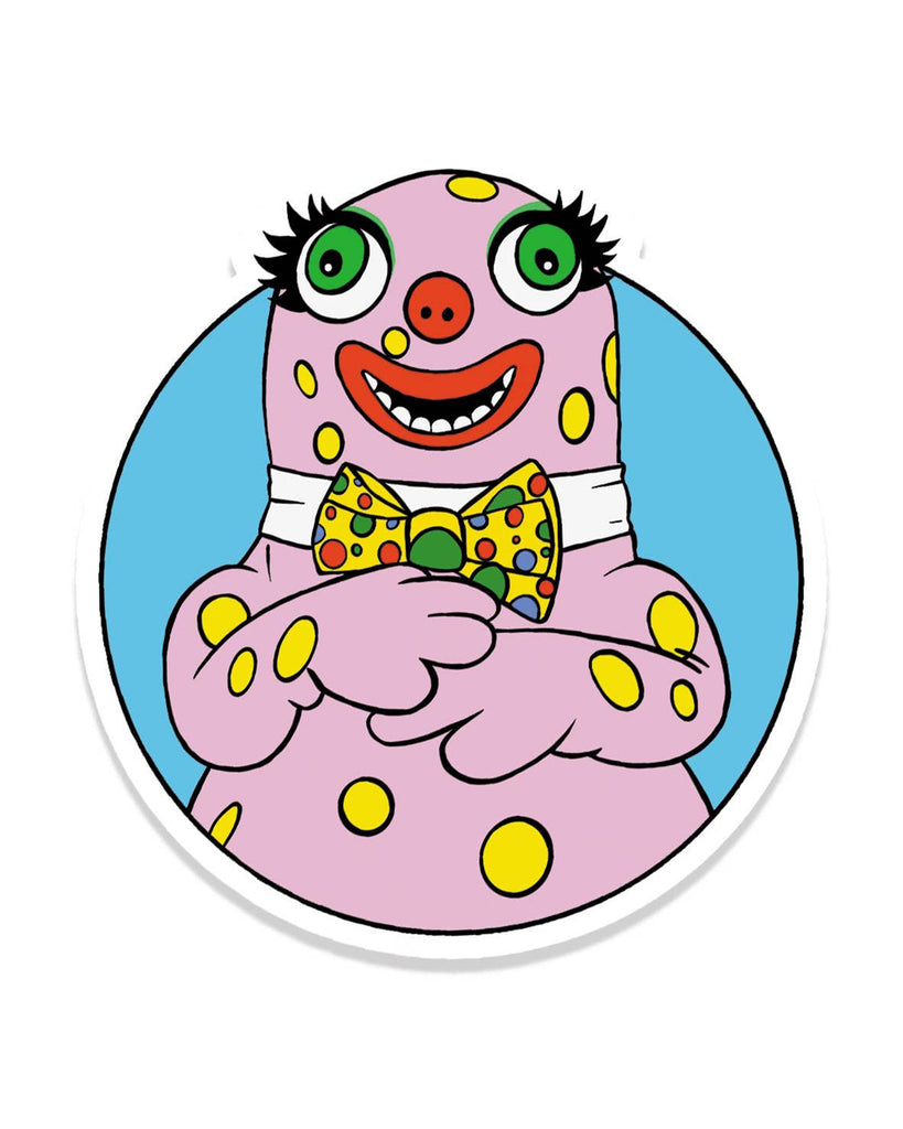 Illustrated vinyl sticker from Rebel Romance featuring a pink, polka-dotted character inspired by Mr Blobby. The character has wide green eyes, long lashes, a red clown nose, and a colourful bow tie, set against a blue circle background. Designed by Bite Your Granny. A fun, nostalgic design perfect for adding quirky flair to laptops, water bottles, or notebooks.