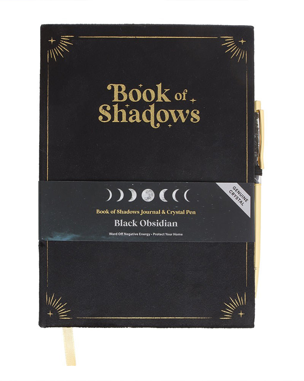 Book of Shadows journal with packaging. The black paper band features moon phase illustrations and text reading 