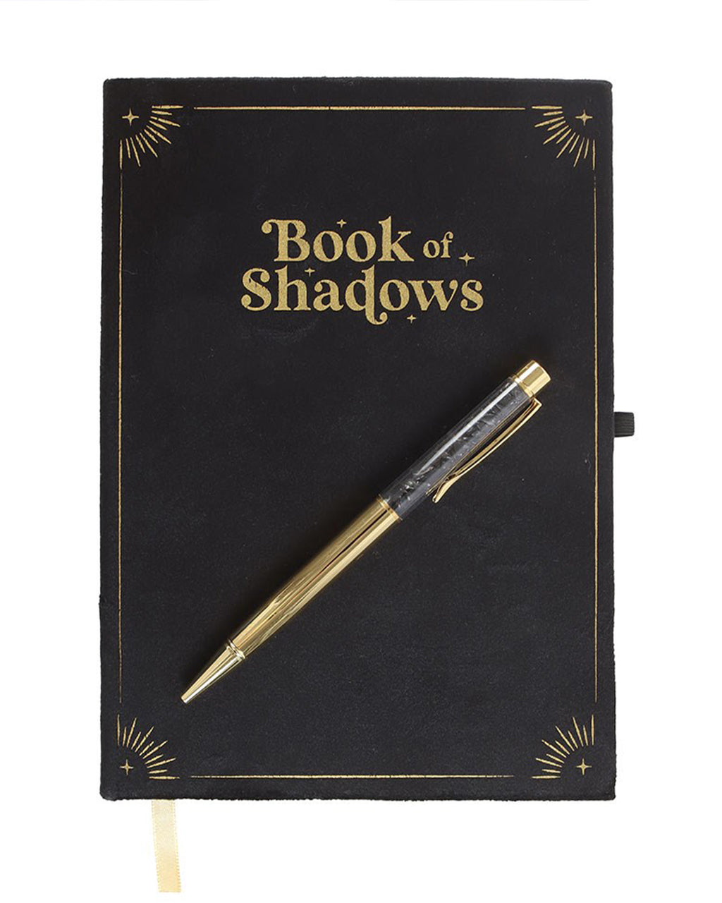 Front cover of the Book of Shadows journal in black velvet with metallic gold detailing. The words 