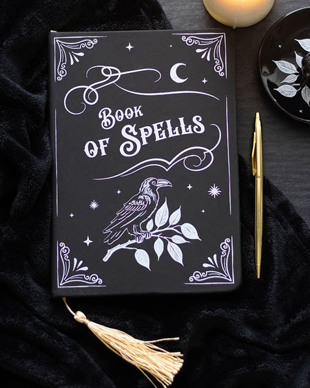 A5 Book of Spells notebook with black matte soft-touch cover featuring a white raven illustration, gold tassel bookmark, and 200 lined pages. Ideal gothic gift for writers or witches.