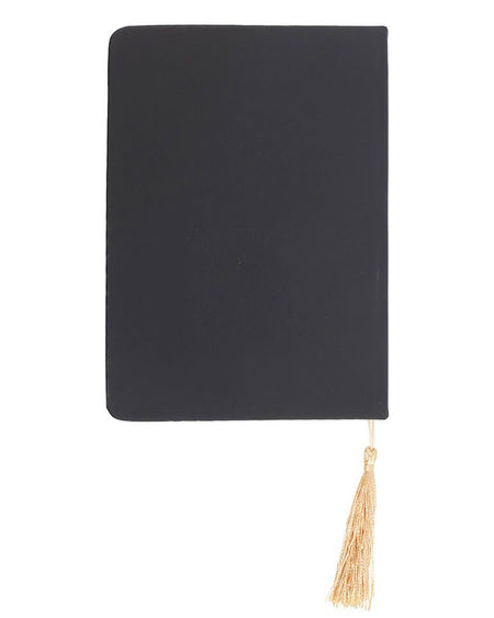 A5 Book of Spells notebook with black matte soft-touch cover featuring a white raven illustration, gold tassel bookmark, and 200 lined pages. Ideal gothic gift for writers or witches.