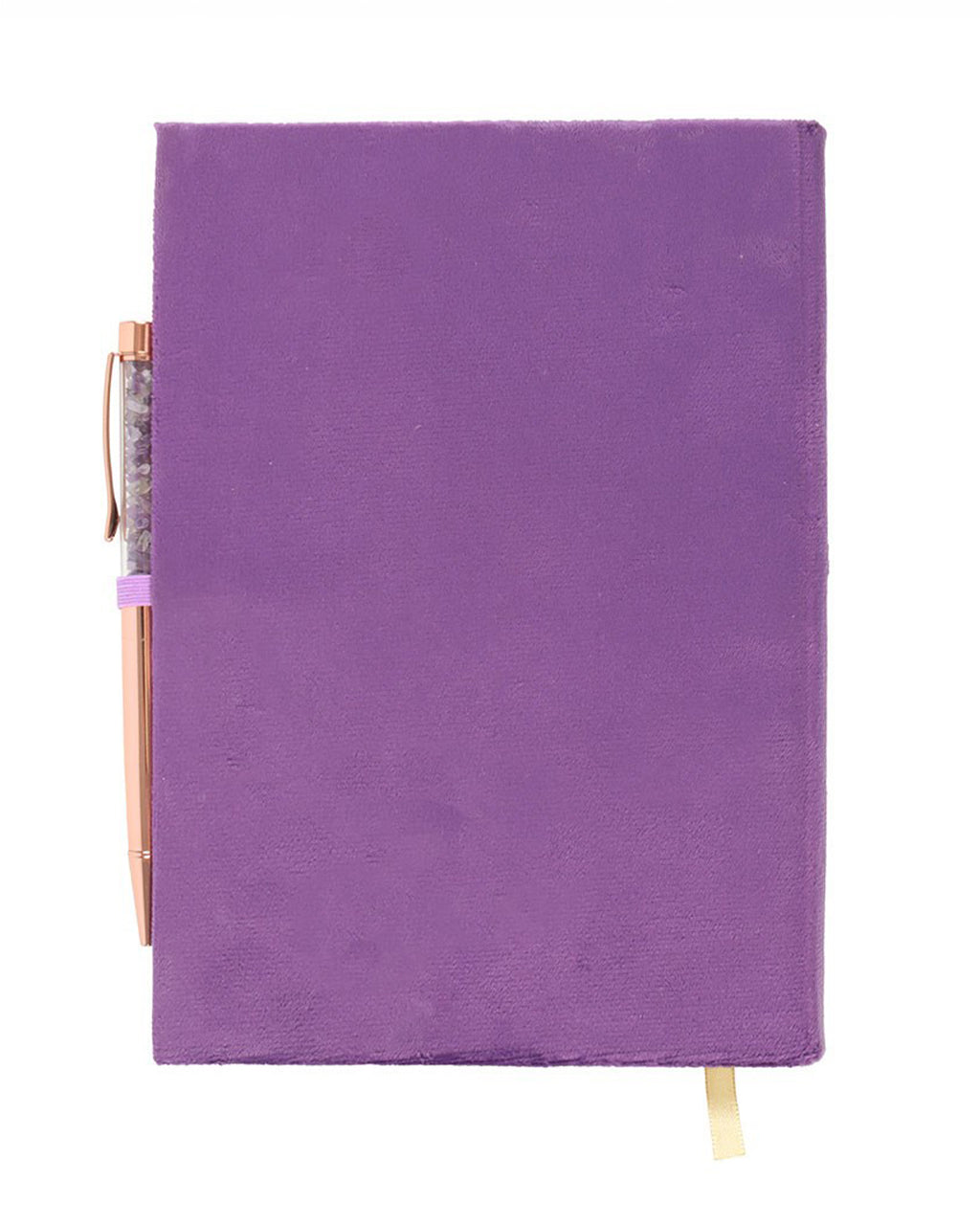 Back view of the Book of Spells journal by Rebel Romance. The plain purple velvet cover includes a built-in elastic pen holder and a satin ribbon page marker for easy note-keeping.