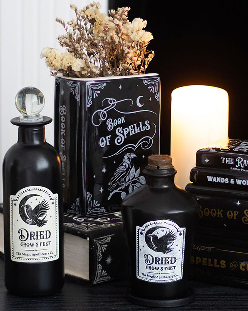 A gothic-themed scene featuring the Rebel Romance Book of Spells vase styled with dried flowers, alongside black apothecary bottles and stacked spell books. The ceramic vase looks like a vintage spell book, adding a mystical touch to dark, witchy home décor.