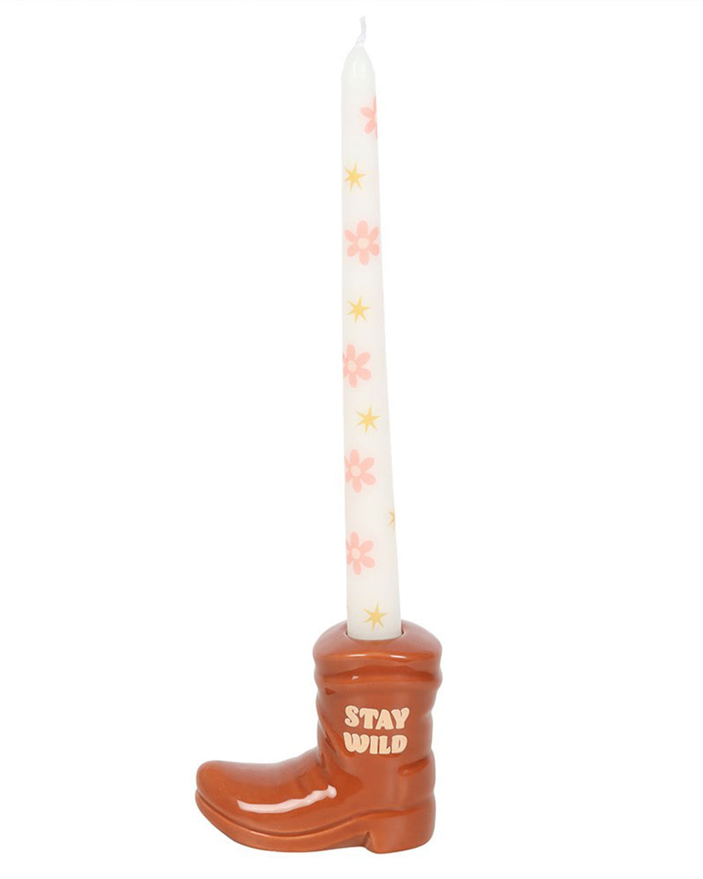 Full view of the Rebel Romance brown cowboy boot candle holder with its floral and star-decorated taper candle. The boot’s glossy finish and detailed western style make it a standout piece of home decor.