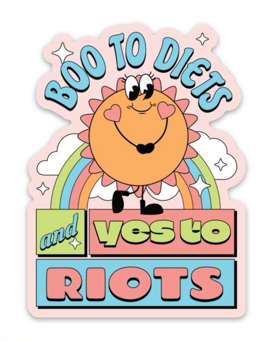 Bold and colourful vinyl sticker from Rebel Romance featuring a smiling sun with heart cheeks, a rainbow, clouds, and the slogan “Boo to Diets and Yes to Riots” in retro-style text. Designed by Fun Club, this playful and rebellious sticker embraces body positivity and riot grrrl energy. Ideal for decorating laptops, notebooks, or water bottles with a punky, alternative twist.
