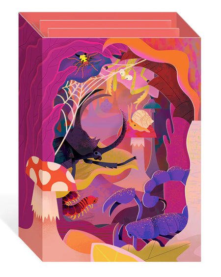 Insects of Borneo 3D pop-up greeting card by Rebel Romance, featuring neon and laser-cut jungle insects including a praying mantis, beetle, spider, and scorpion in a vibrant, layered forest scene. Designed by Natasha Durley, this intricate card bursts with psychedelic colours and retro style. Ideal for insect lovers, nature nerds, and alternative stationery fans. Blank inside for your own message.