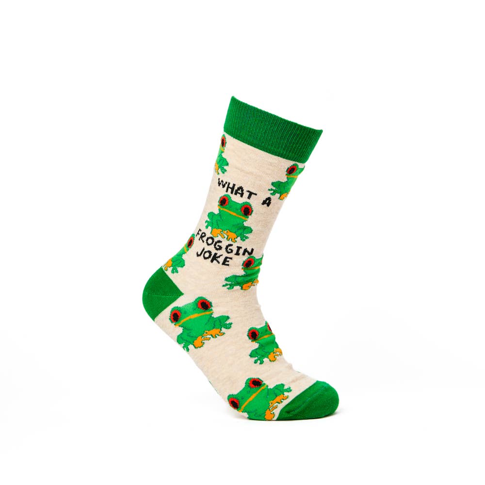Urban Eccentric beige socks with green trim and bright frog print, featuring funny “What a Froggin’ Joke” slogan. Available now at Rebel Romance.