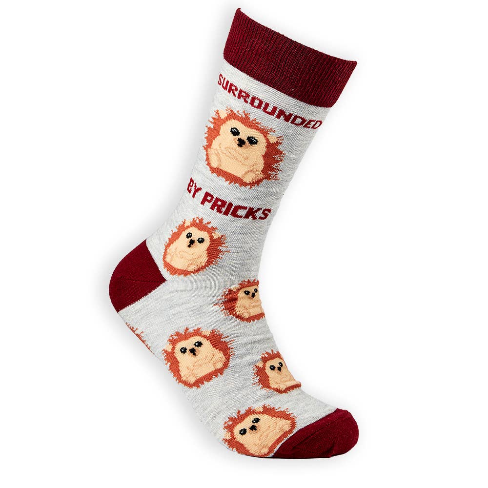 Urban Eccentric grey socks featuring repeated hedgehog print, burgundy trim and heel, and “Surrounded by Pricks” slogan. Humorous design stocked by Rebel Romance.
