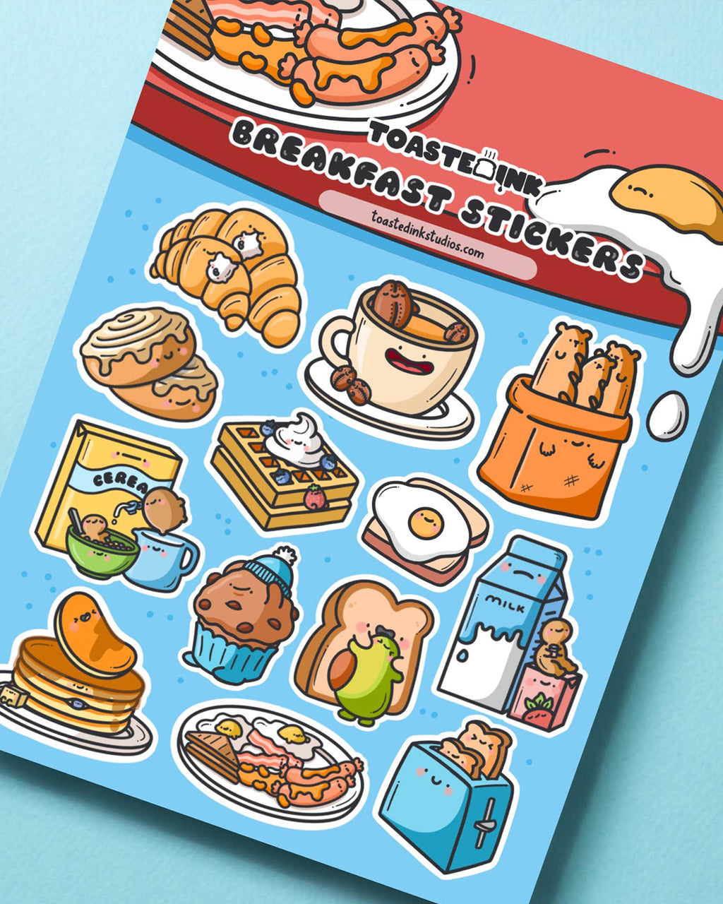 Adorable breakfast sticker sheet by Toastedink, stocked at Rebel Romance. Features cartoon-style breakfast foods like croissants, waffles, eggs and toast. Great for decorating planners, scrapbooks and gifts with a playful foodie twist.