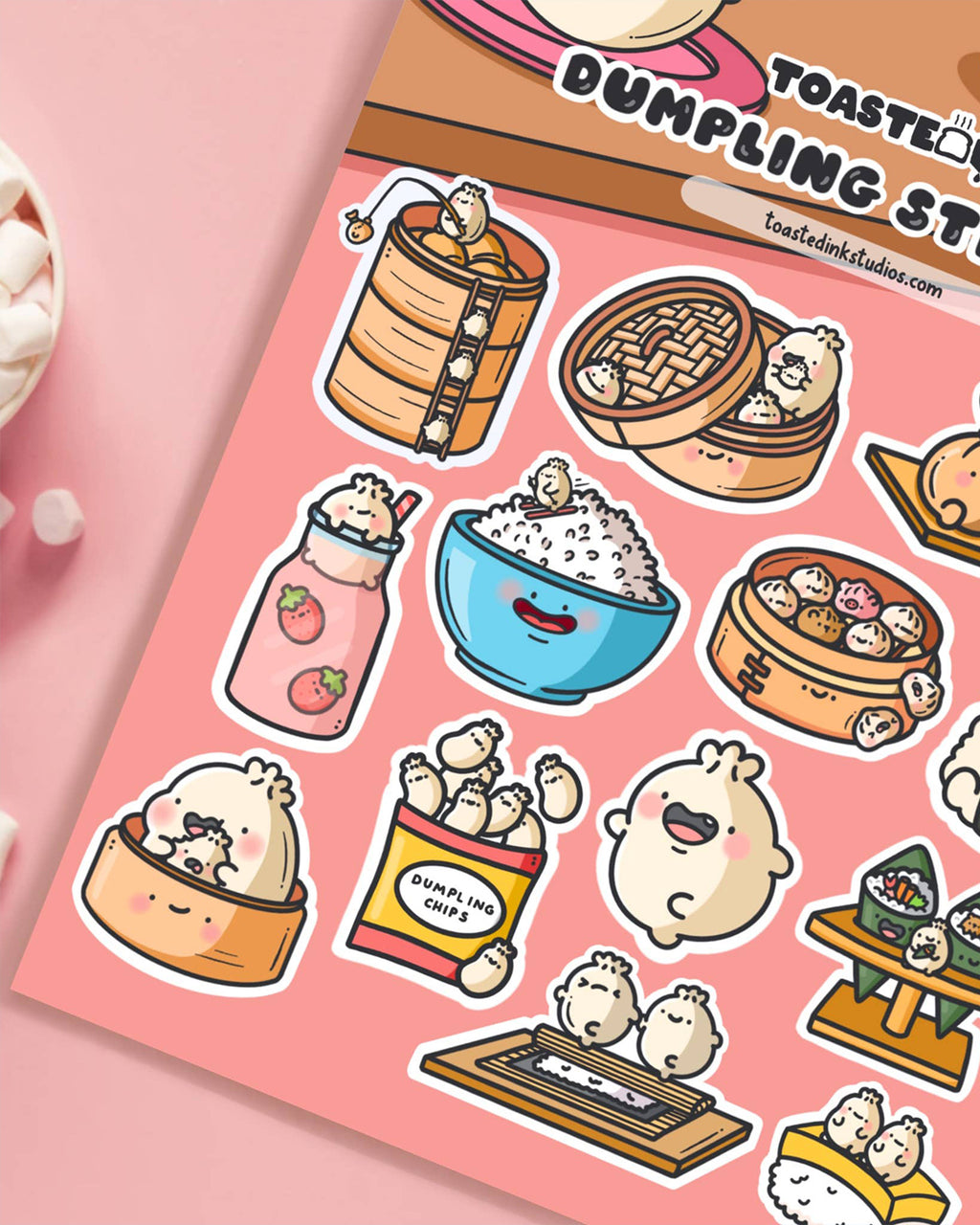 Zoomed-in view of Toastedink’s dumpling sticker sheet with expressive food characters. Featuring dumpling chips, rice bowls and more on a coral background. A Rebel Romance favourite for lovers of cute stationery and Asian food culture.