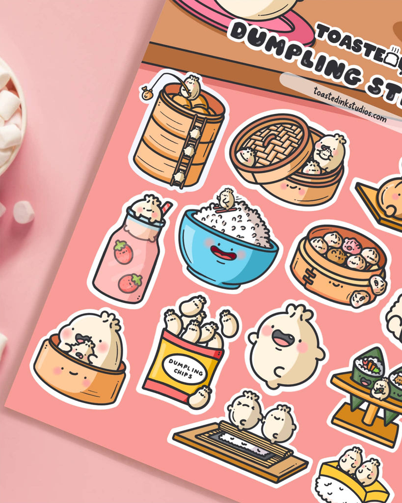 Zoomed-in view of Toastedink’s dumpling sticker sheet with expressive food characters. Featuring dumpling chips, rice bowls and more on a coral background. A Rebel Romance favourite for lovers of cute stationery and Asian food culture.