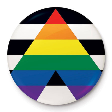 A 25mm round badge featuring a rainbow triangle design with black and white stripes, symbolising pride and allyship, created by Pyramid International.