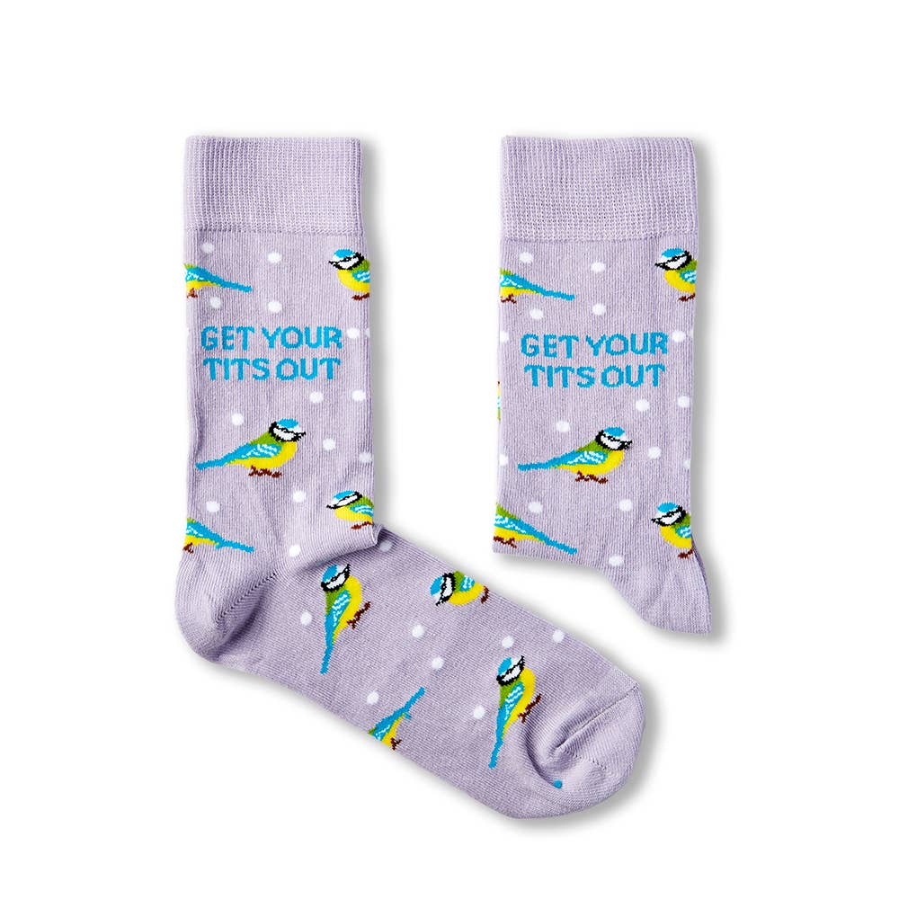 Pair of Urban Eccentric socks in lilac with repeated blue tit bird print, white polka dots, and bold slogan. Fun gift available at Rebel Romance.