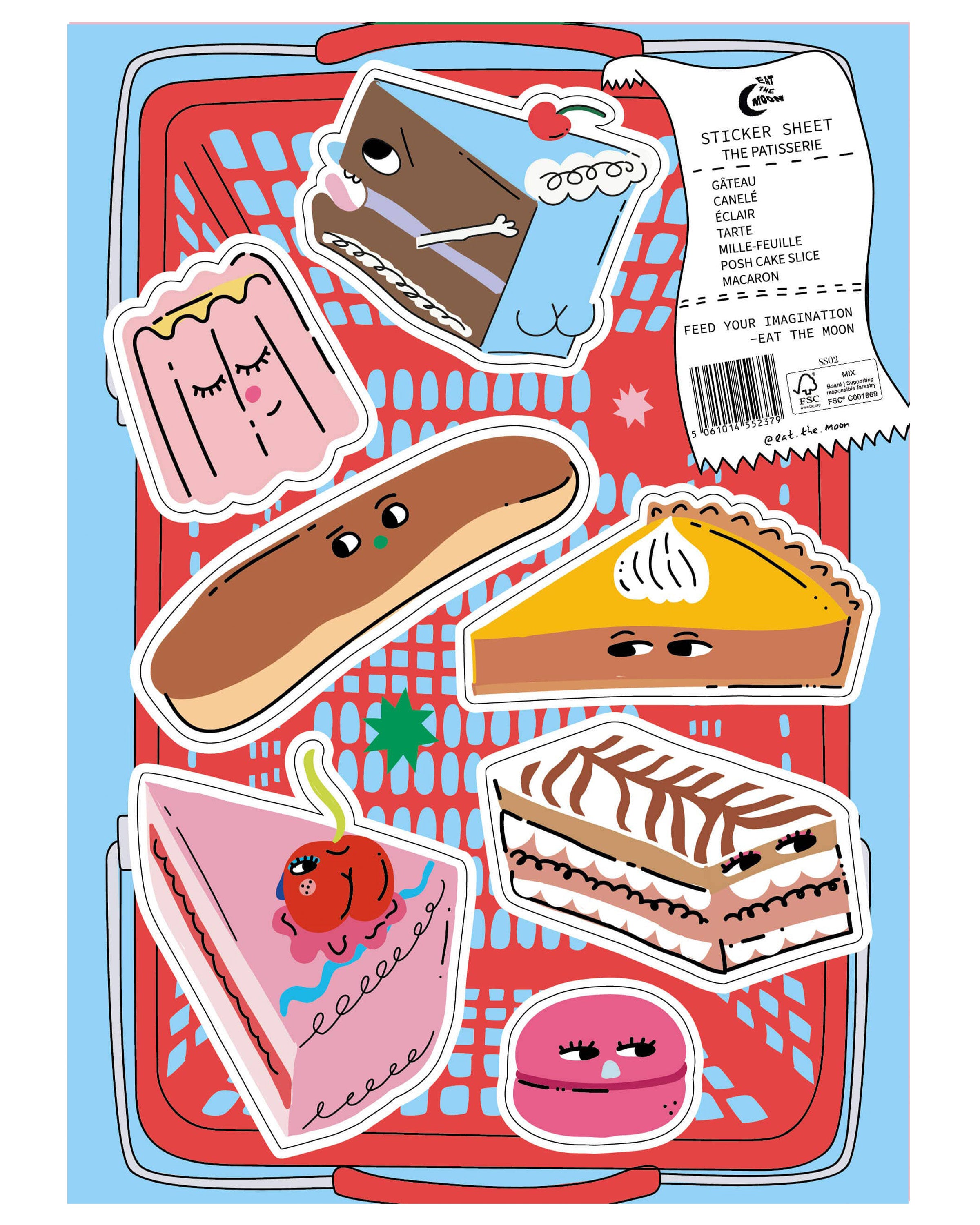 A colourful A5 vinyl sticker sheet titled “The Patisserie” by Eat The Moon, featuring illustrated cakes, éclairs, pies, and pastries with cute faces and playful expressions, displayed on a red shopping basket background.