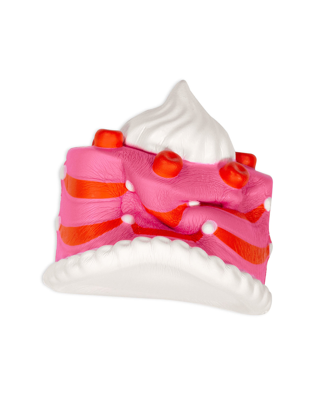 Close-up of the squishy cake stress ball showing its slow-rising foam texture and curved three-dimensional design.