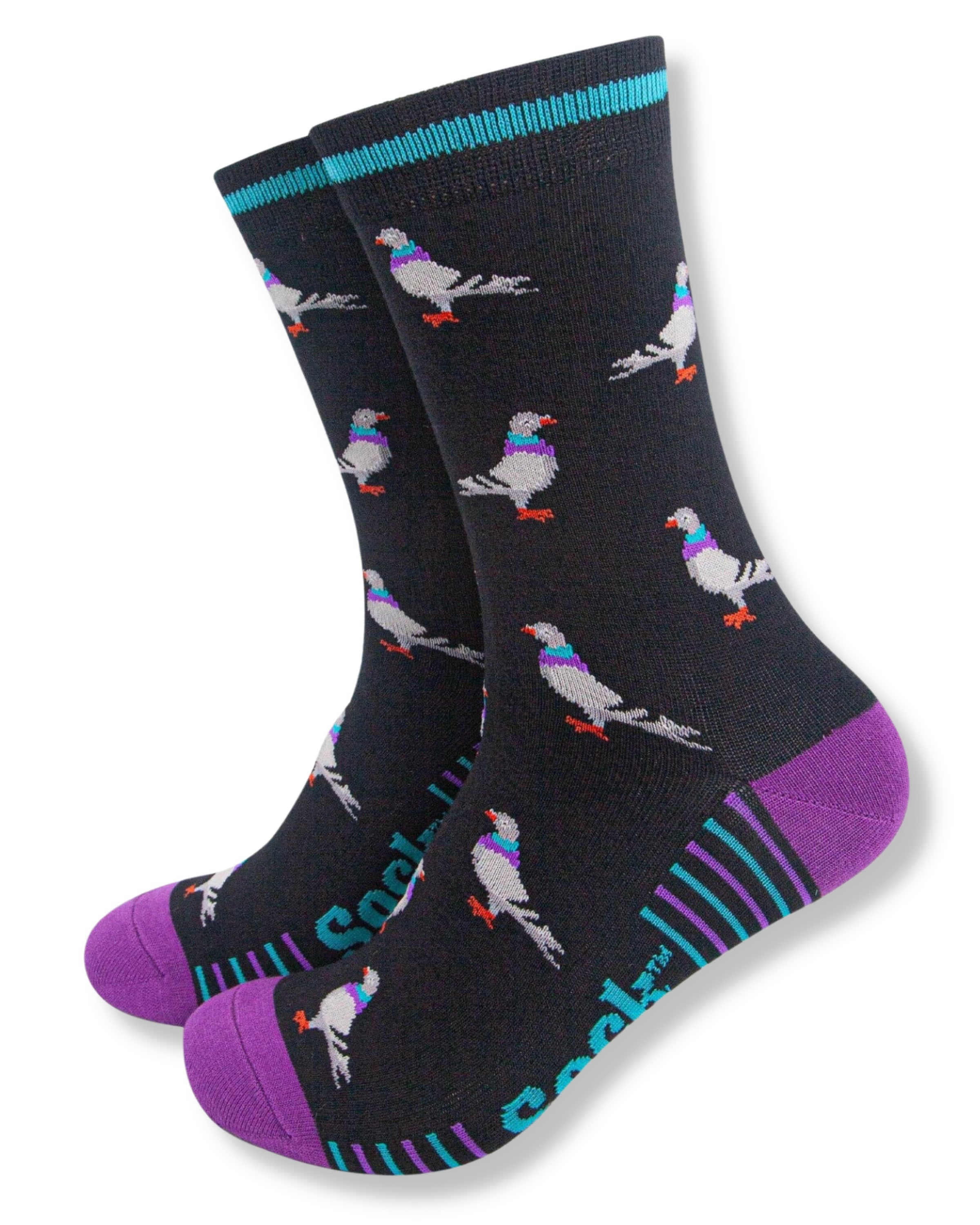 Pair of socks with bird pattern on a white background