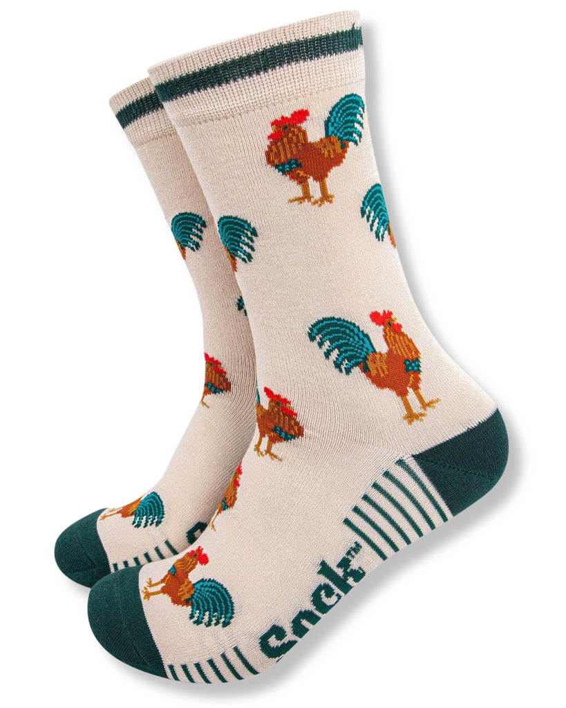 Pair of socks with rooster pattern on a white background