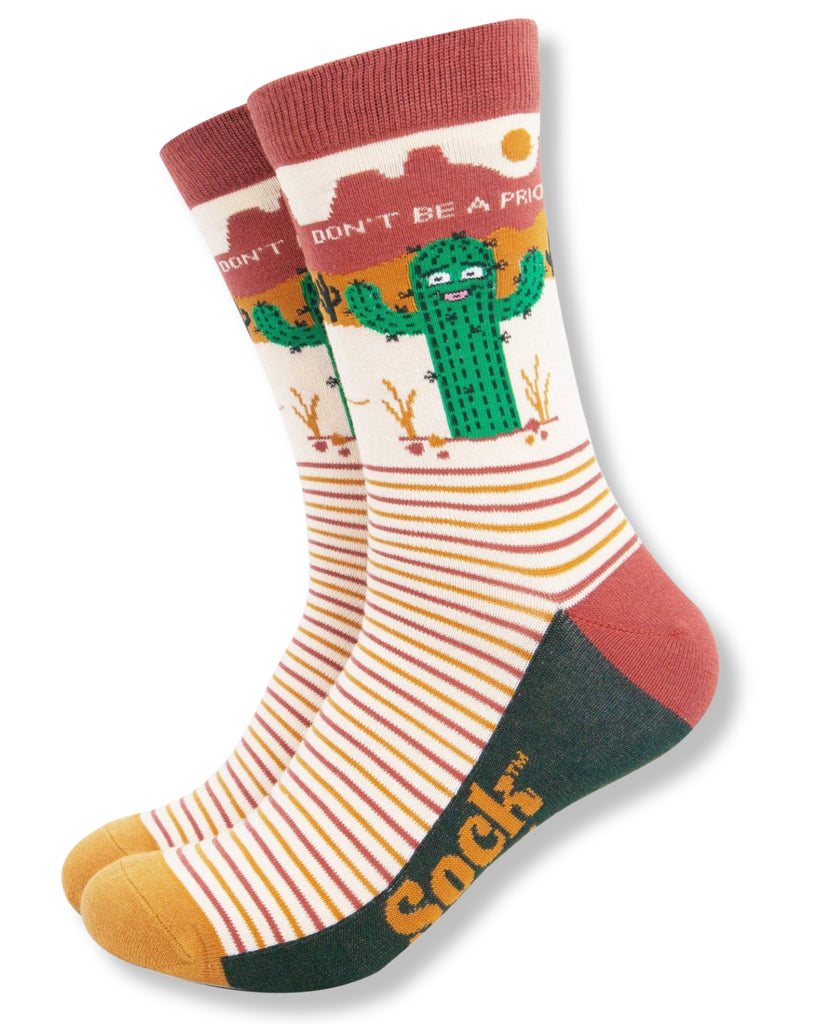 Colorful socks with a cactus design and text on a white background