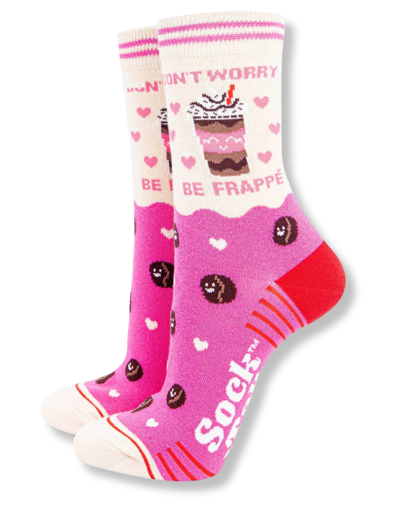 Pair of socks with dessert-themed design on a white background