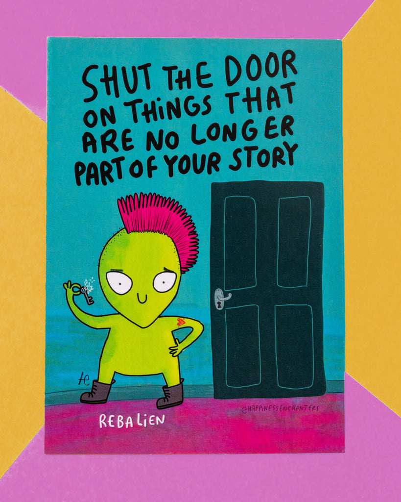 Bright and bold Aquarius-themed postcard from Rebel Romance featuring a green alien with a pink mohawk, holding a sparkly key and standing confidently in front of a dark door. Text reads: “Shut the door on things that are no longer part of your story”. A quirky, cosmic design by Happiness Enchanters, perfect for fans of alternative stationery and astrology lovers. Illustrated by Katie Abey. 
