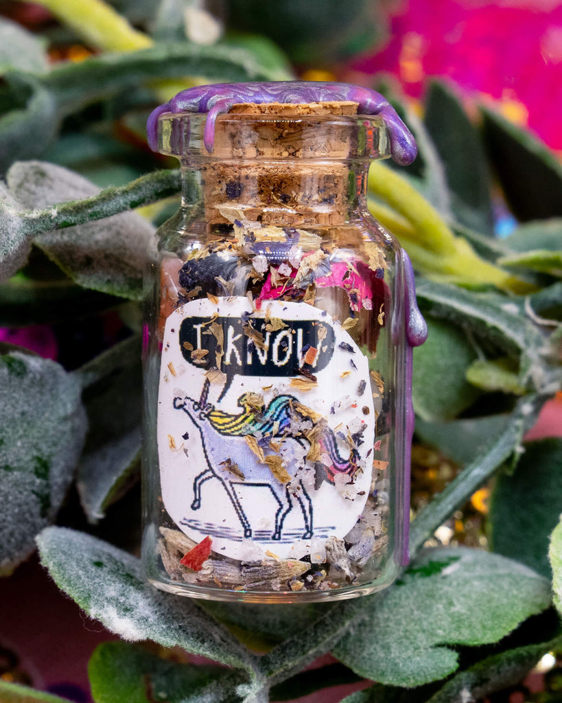 Close-up of the Hppiness Enchanters “I Know” Unicorn Spell Bottle nestled among green foliage. The small glass jar is sealed with purple wax and filled with herbs and crystals. A colourful Katie Abey unicorn illustration on the label holds a speech bubble that reads “I KNOW.” A whimsical and magical affirmation product handmade in the UK and available at Rebel Romance