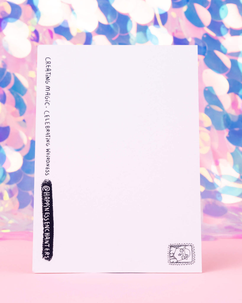 Back of the Virgo Gnomie postcard by Happiness Enchanters, available at Rebel Romance. Features a blank white space for writing, a cute illustrated stamp area, and the phrase “Creating Magic • Celebrating Weirdness” with @HappinessEnchanters branding down the side. Ideal for sending thoughtful, magical messages with a personal touch.