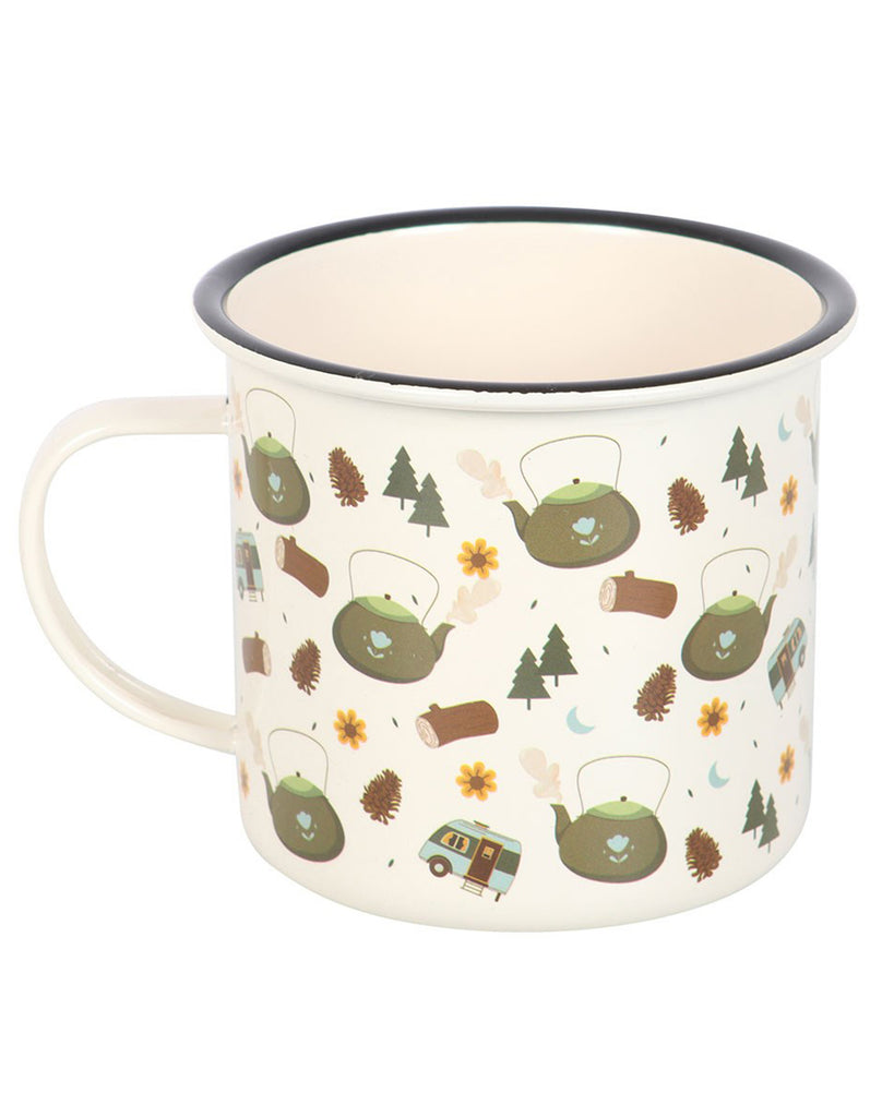 Side view of the enamel mug showing curved handle and repeated pattern of green kettles, caravans, trees, and flowers on a cream background.