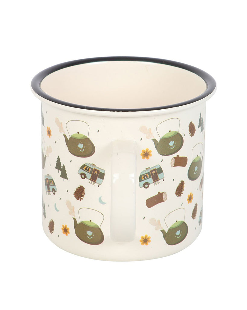 Rear view of the enamel camping mug highlighting the handle and wraparound forest-themed design with cosy camping motifs.