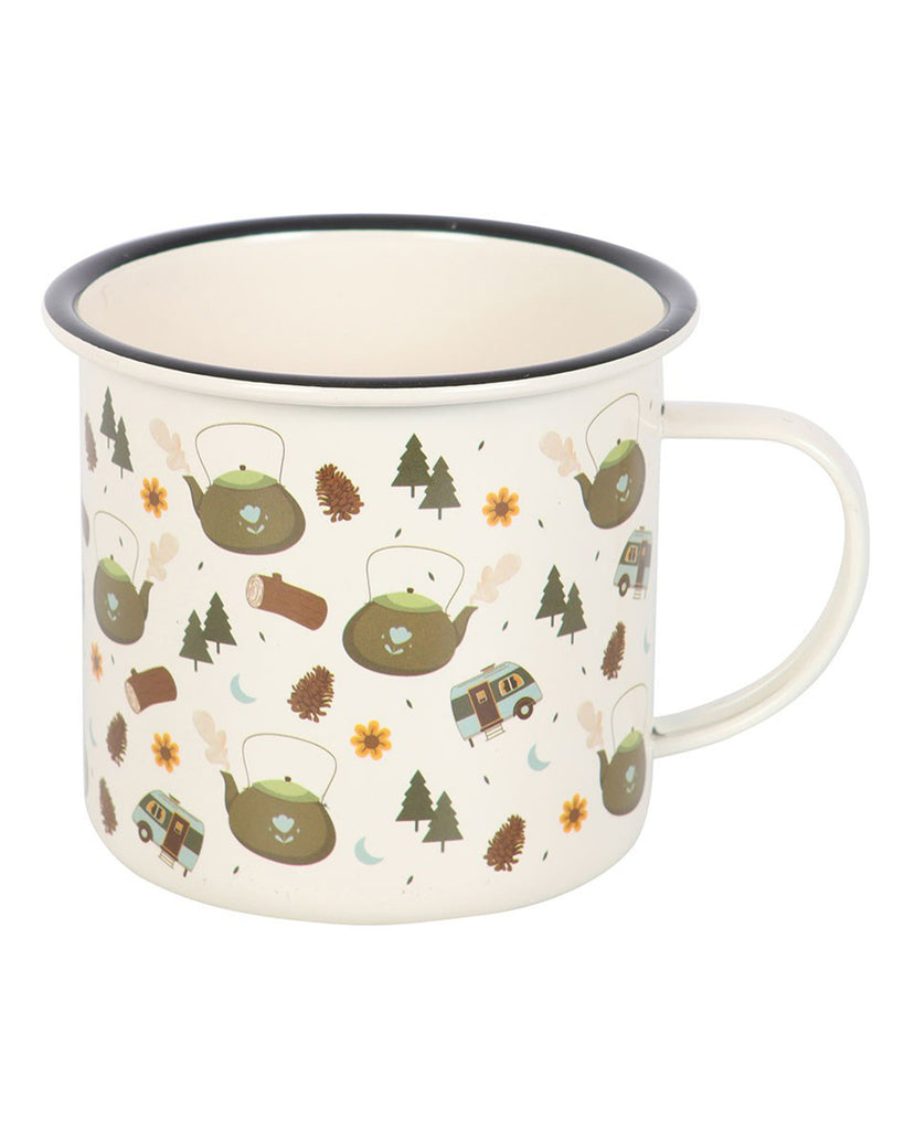 Angled view of the enamel mug with a pattern of steaming green kettles, fir trees, yellow flowers, pinecones, and camper vans on a cream base.
