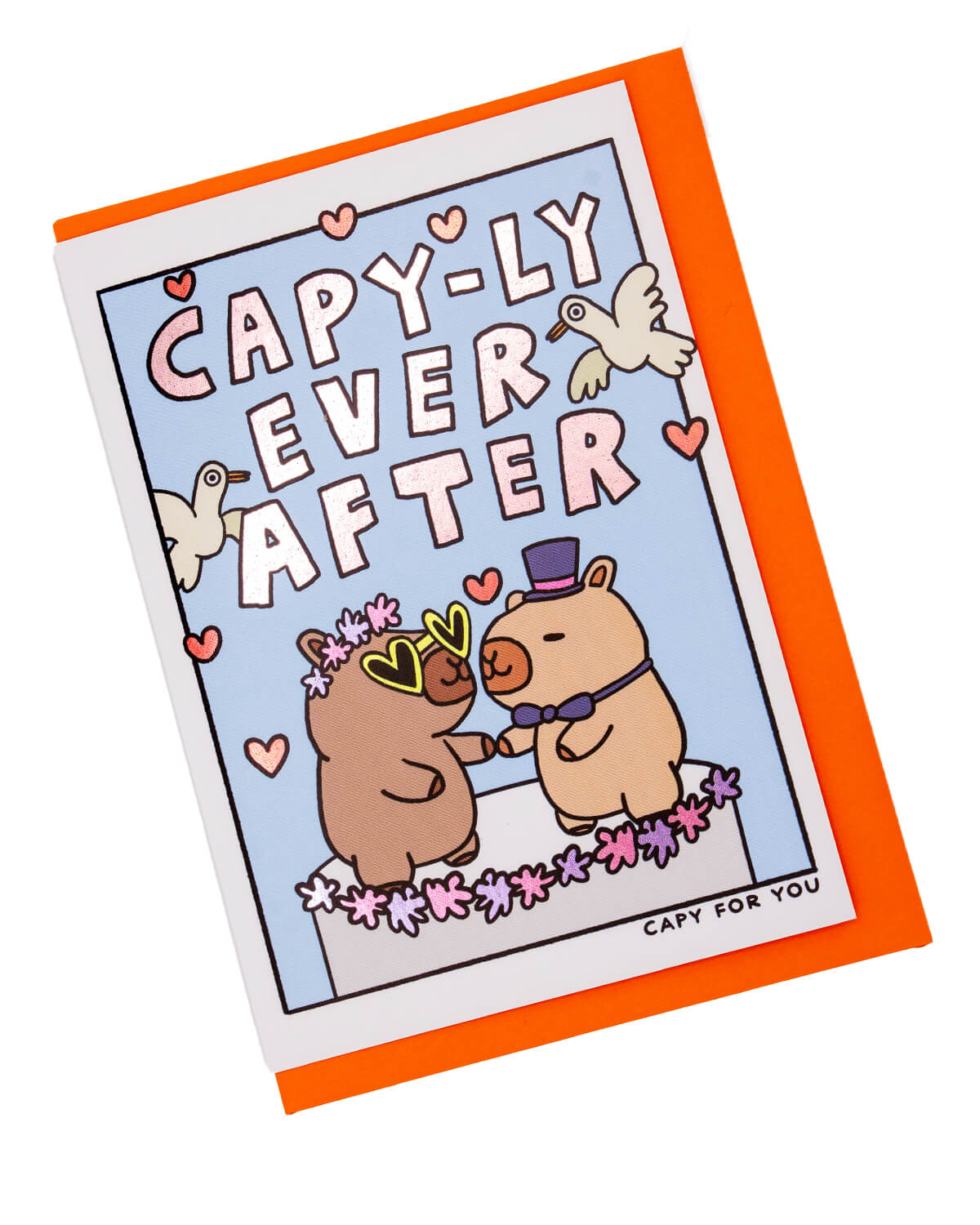 Celebrate love with the Capy-ly Ever After Wedding Card! Featuring adorable capybaras and foil details, this 11.4 x 16.2 cm card comes with a bright orange envelope. Perfect for weddings, engagements, or anniversaries. Send joyful congratulations today!